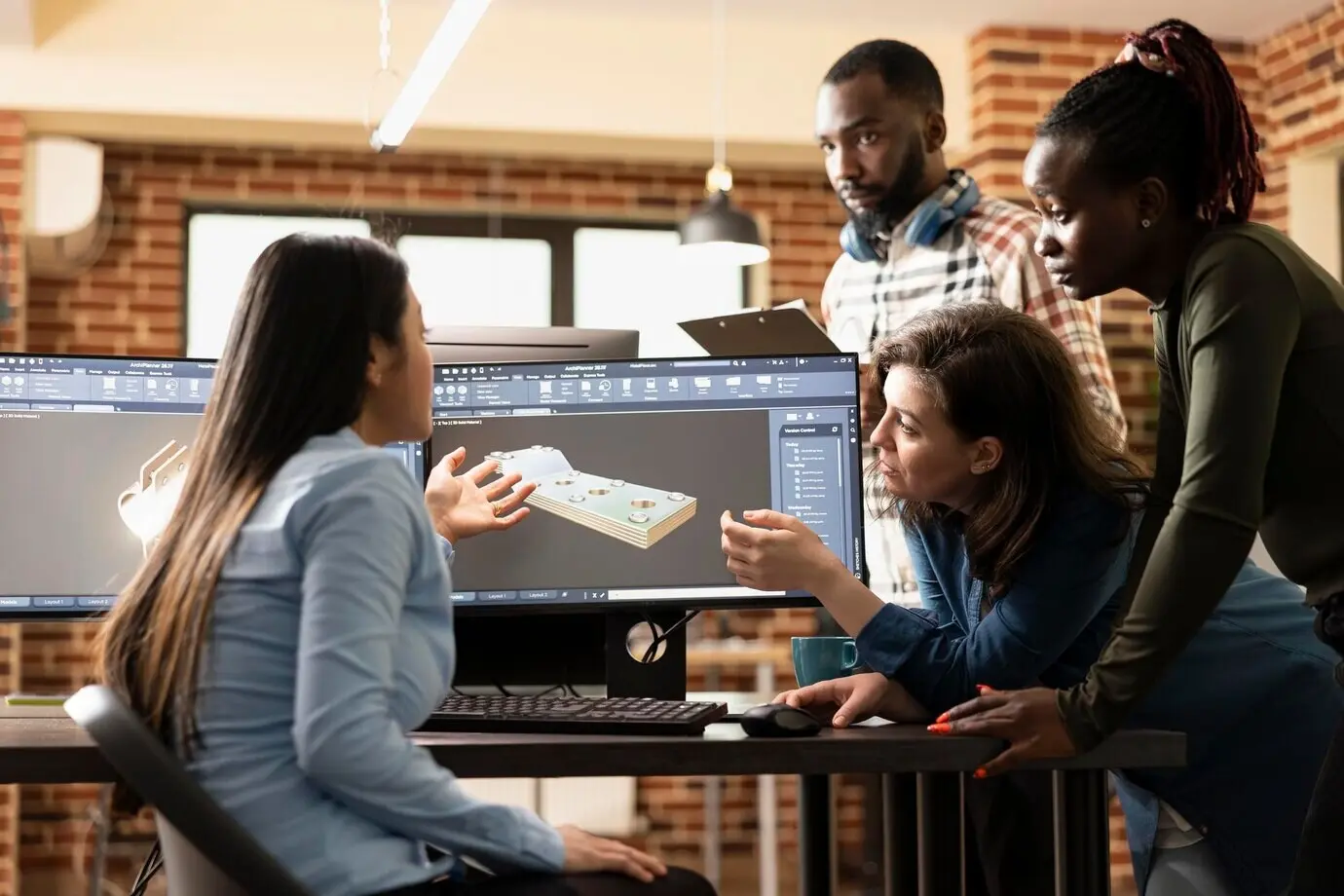 Vielfältiges Kreativteam, das CAD-Software nutzt